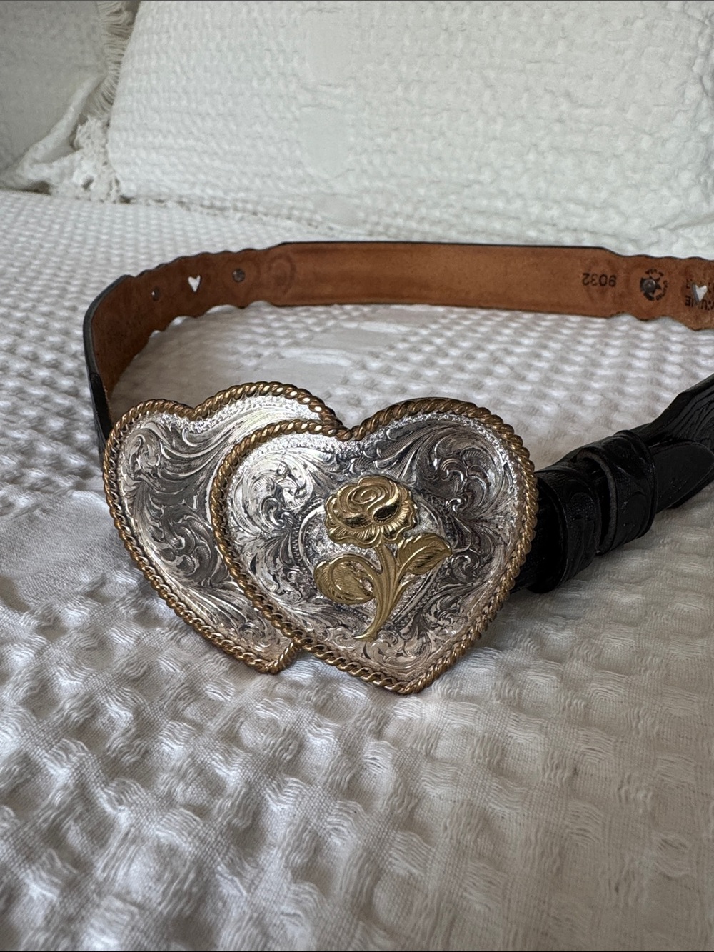 Women's Two-Heart Western Belt with Silver & Gold Floral Buckle